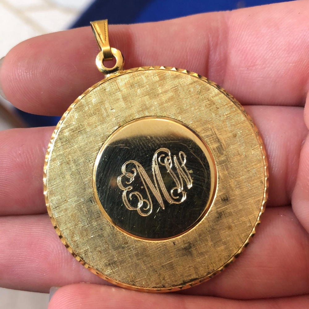 Vintage Engraved EMW Gold Plate Medallion Necklace Pendant Charm Costume Jewelry